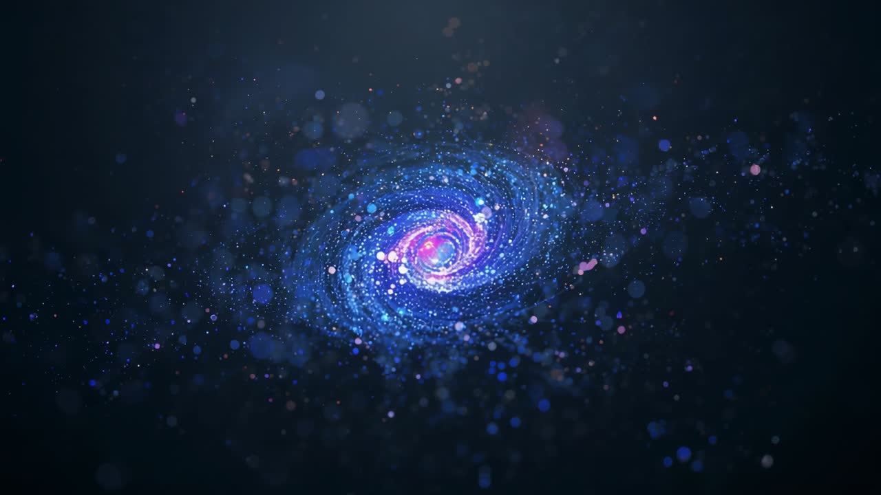 Spirale rotante che pulsa e si muove alla deriva nel vuoto blu marino, con fotogrammi che avanzano, nucleo rosa, braccia blu, bokeh