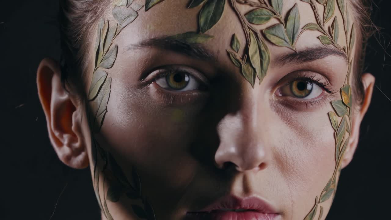 Close up portrait of a woman with closed eyes, adorned with leaves on her face, embodying a serene connection between natural beauty and artistic expression