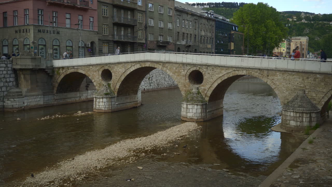 Lift up to reveal the historical Latin Bridge where Archduke Franz Ferdinand was assassinated in Sarajevo, Bosnia and Herzegovina.