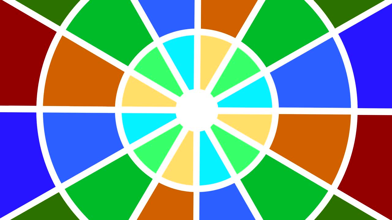 ventilador de tipo objeto circular de varios colores que gira en el sentido de las agujas del reloj, con el punto de anclaje posicionado en el centro y cubre todo el fondo.