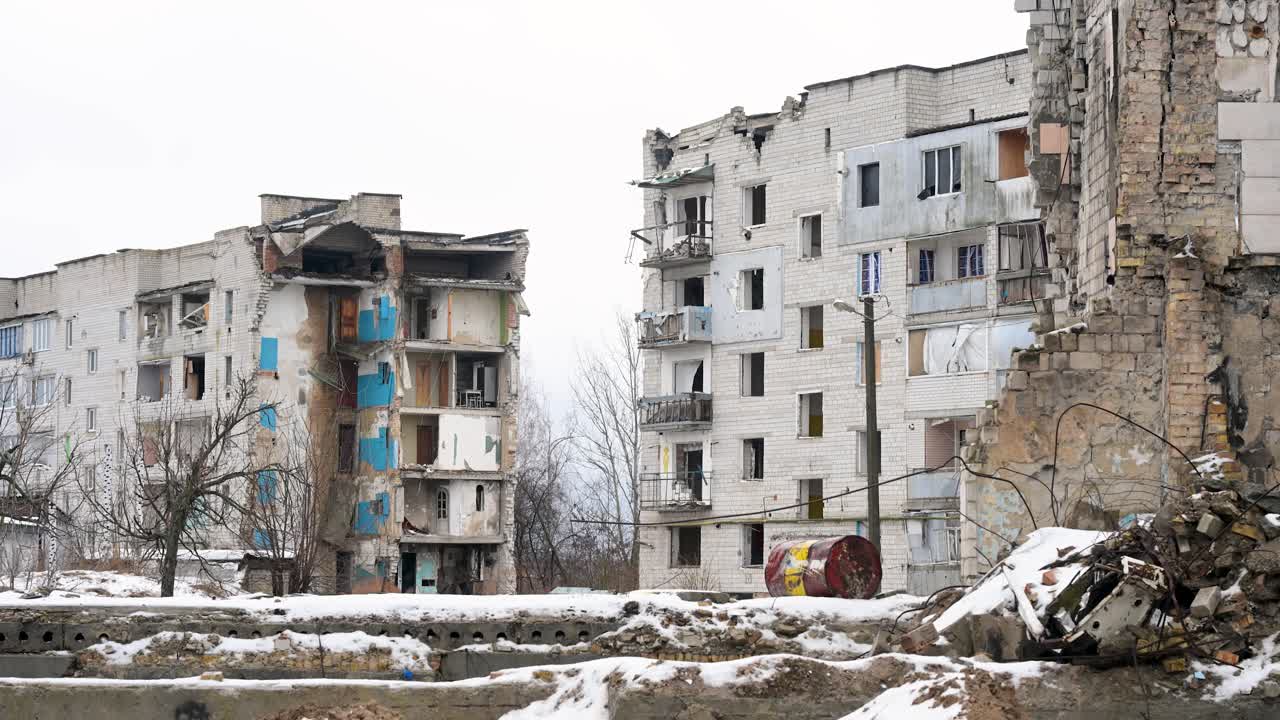 On a cold winter day in Irpin, Ukraine, the remnants of a destroyed civilian neighborhood remain after heavy fighting in the ongoing war.