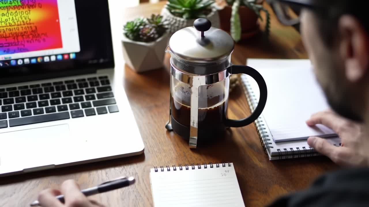 Un ambiente di lavoro accogliente con una caffettiera francese, un laptop aperto con grafica colorata e blocchi note, che illustra un ambiente di lavoro produttivo a casa