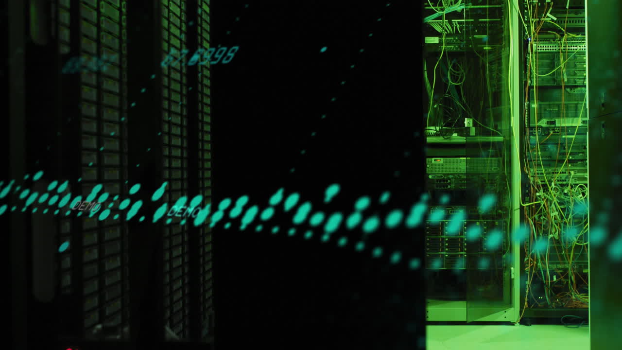 Animation of graphs and changing numbers over illuminated data server system in server room