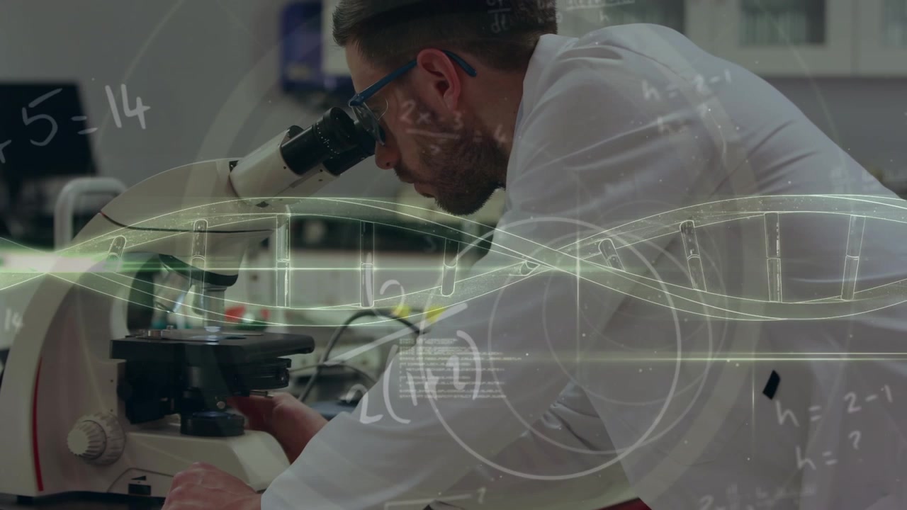 Animation of dna strand and data processing over caucasian male scientist in laboratory