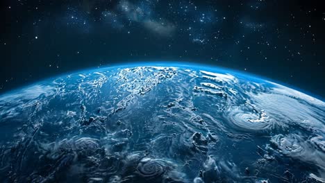 a blue planet with a stormy sky. the planet is surrounded by clouds and the sky is filled with stars. scene is calm and peaceful, despite the stormy weather