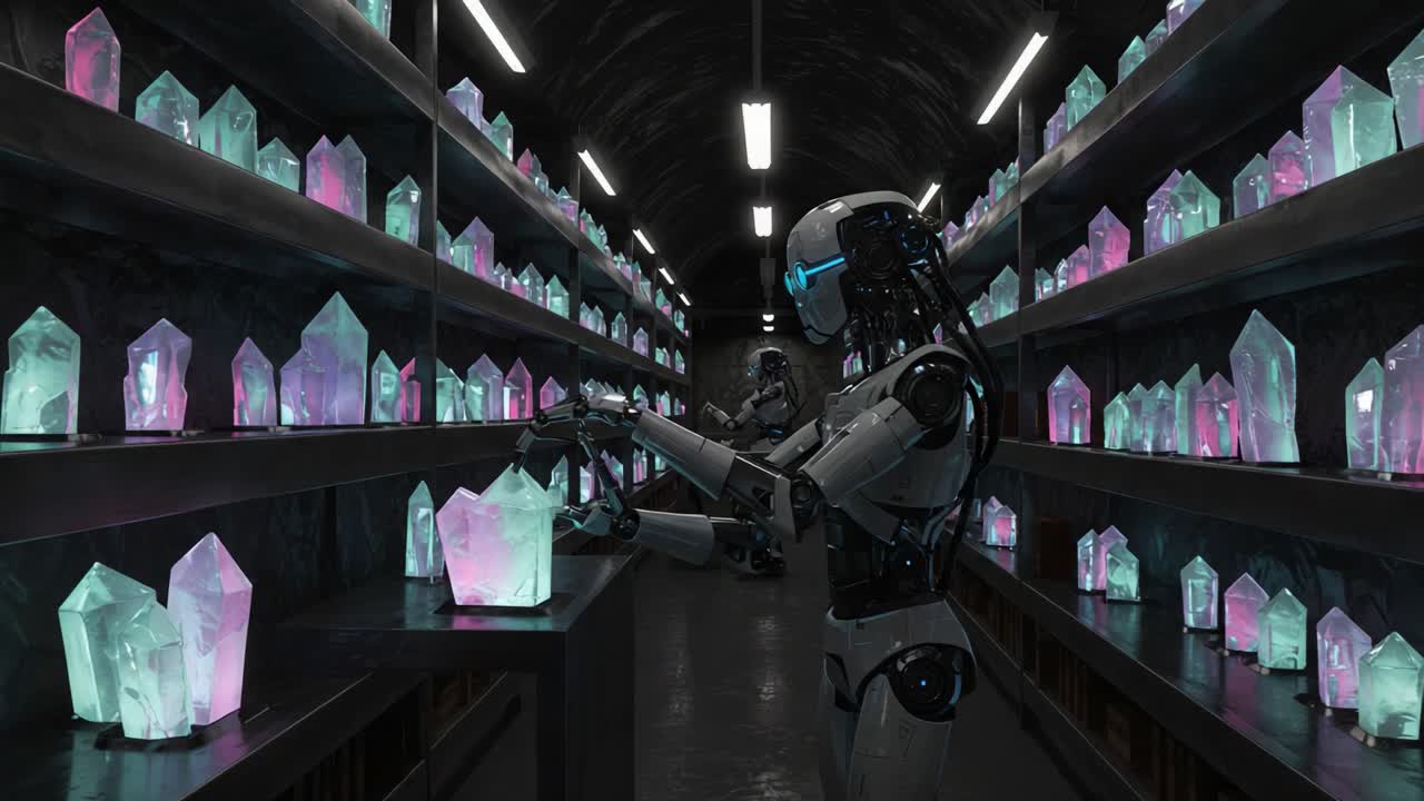 Exploring a Futuristic Repository: Robots Interacting with Vibrant Crystals in an Advanced Sci-Fi Environment Filled with Glowing Gemstones