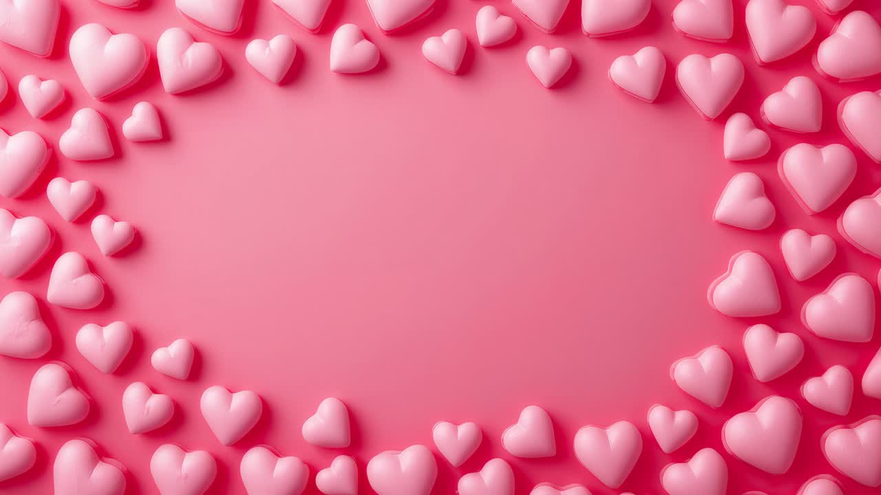 Oggetti rosa a forma di cuore in movimento verso l'interno su una superficie rosa opaca, a formare una spirale stretta