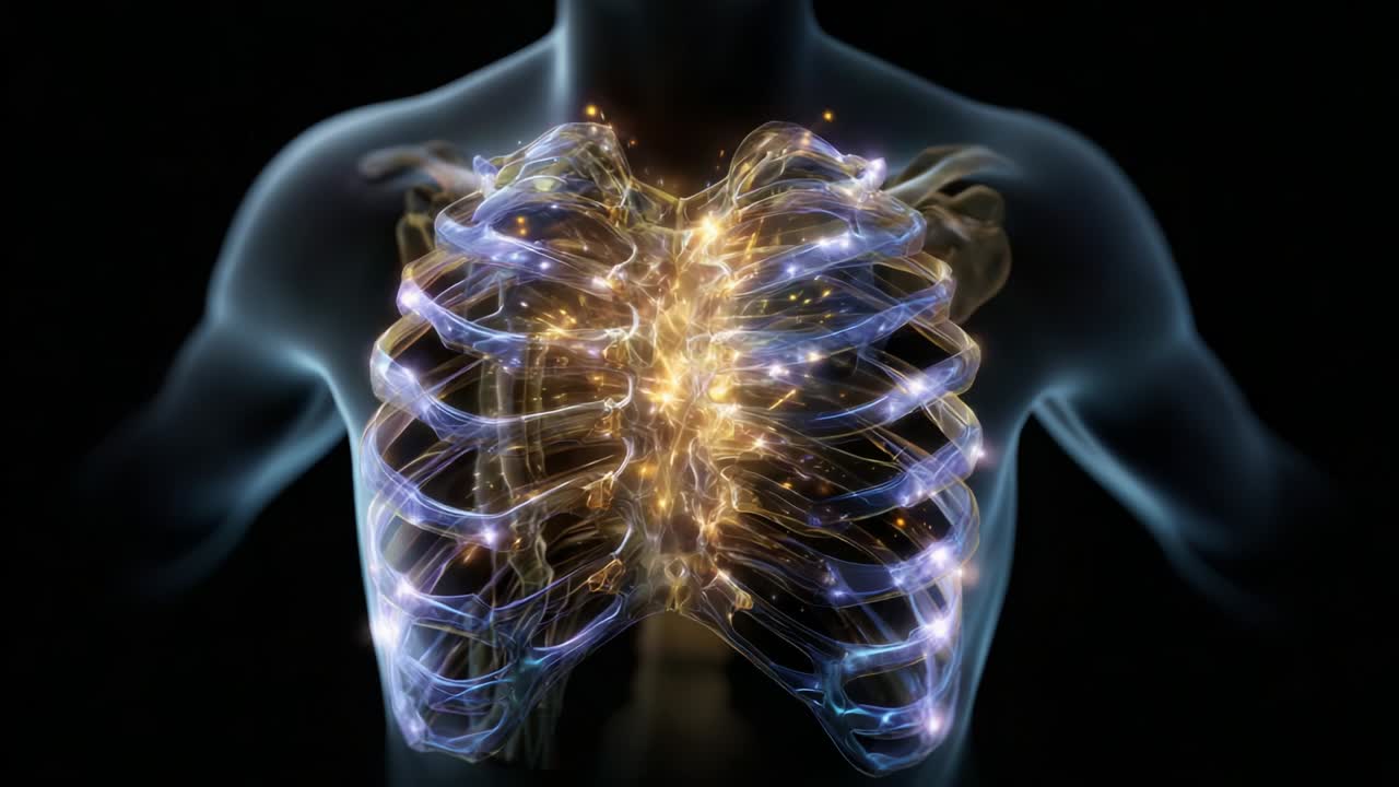An Intricate Visualization of the Human Ribcage and Lungs, Illuminating the Connection Between Anatomy and Energy Flow, Showcasing Dynamic Patterns of Light and Structure within the Chest Area