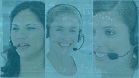 procesamiento de datos de seguridad cibernética más de tres mujeres ejecutivas de atención al cliente hablando por auriculares