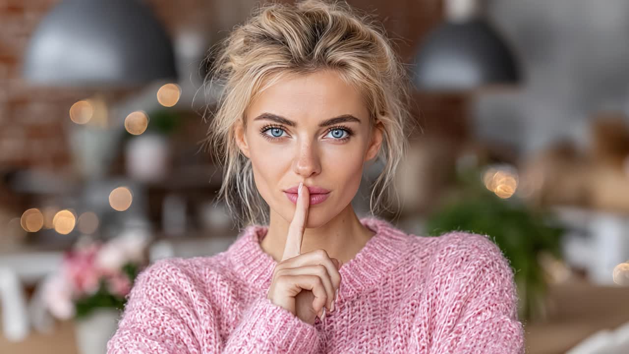 A Calm and Inviting Moment: A Woman in a Cozy Knit Sweater Holds a Finger to Her Lips, Signifying Silence in a Warm, Welcoming Environment