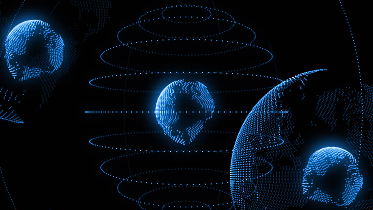 animación de rastros de luz que giran sobre globos contra un fondo negro