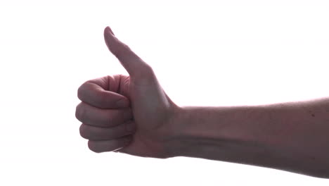 male hand showing thumbs up sign against white background - close up, studio shot