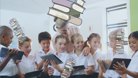 animación de libros que caen sobre diversos escolares en clase en la escuela