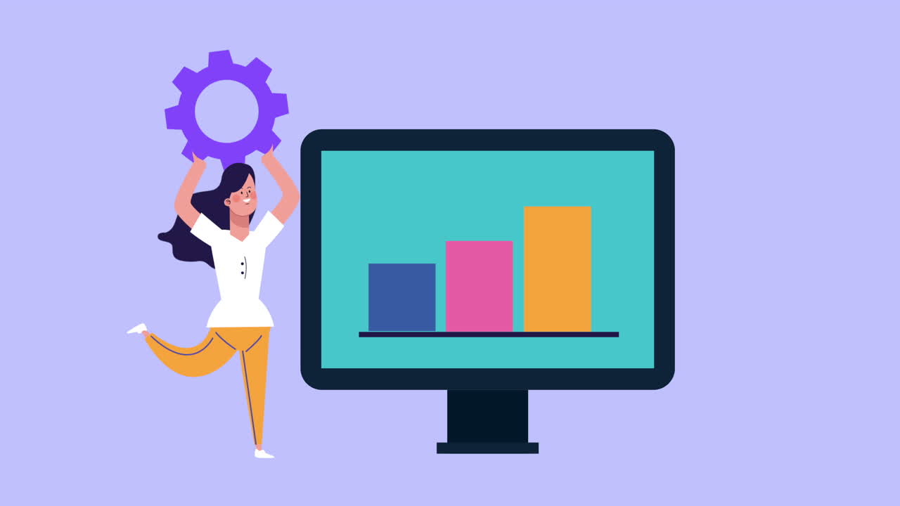businesswoman lifting gear and statistics in desktop animated