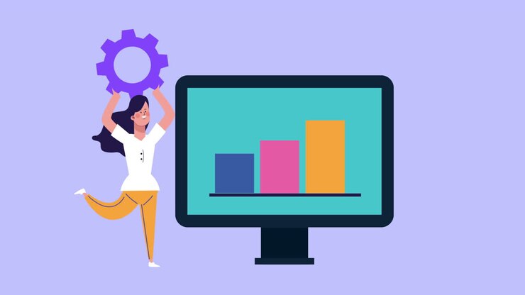 businesswoman lifting gear and statistics in desktop animated