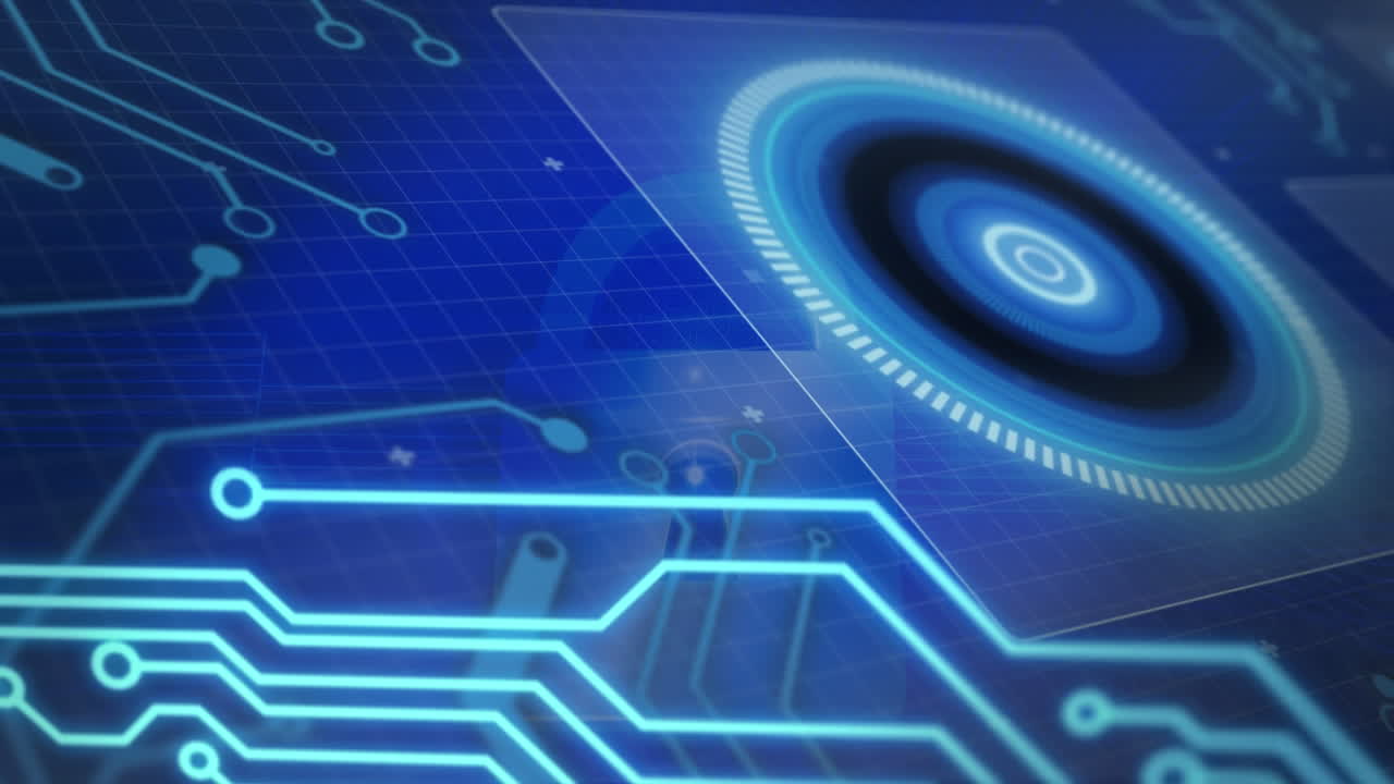 Animation of online security padlock with scope scanning on screen and data processing