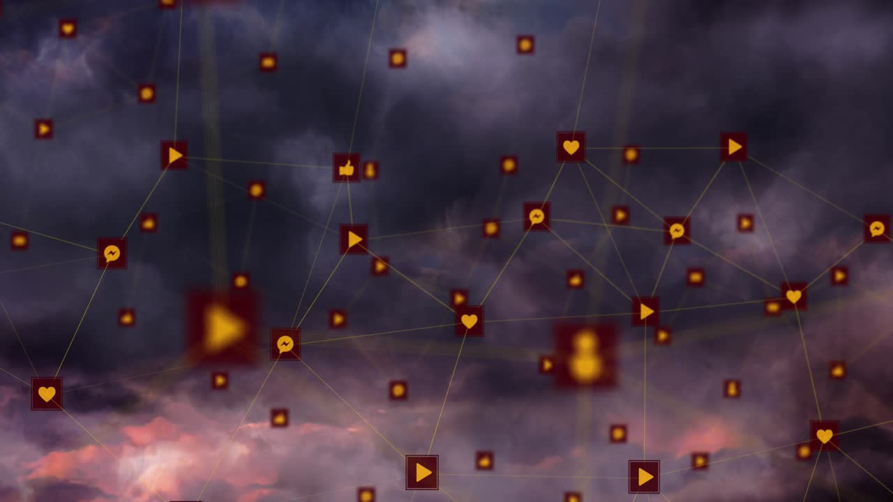 Animazione di una rete di connessioni con icone sul paesaggio cittadino