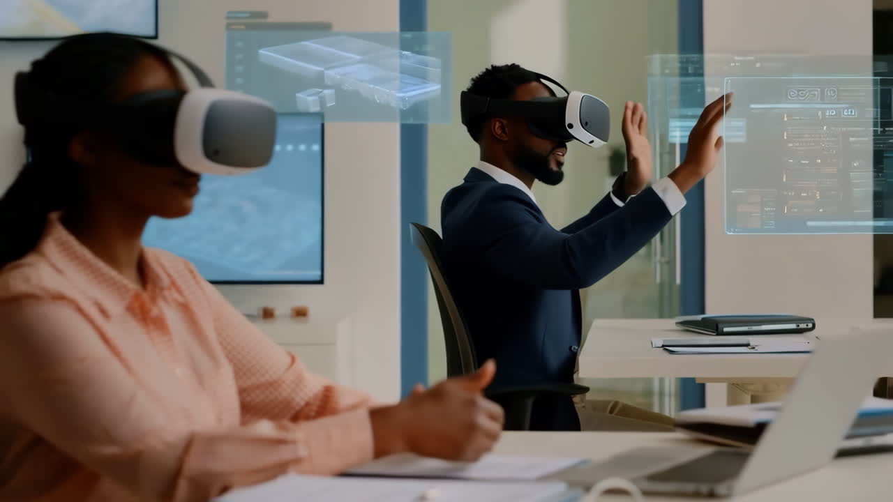 Business Professionals Collaborating with VR Headsets in a Modern Office