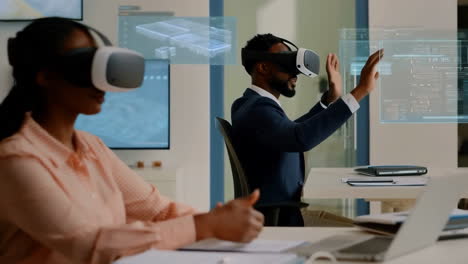 Business Professionals Collaborating with VR Headsets in a Modern Office