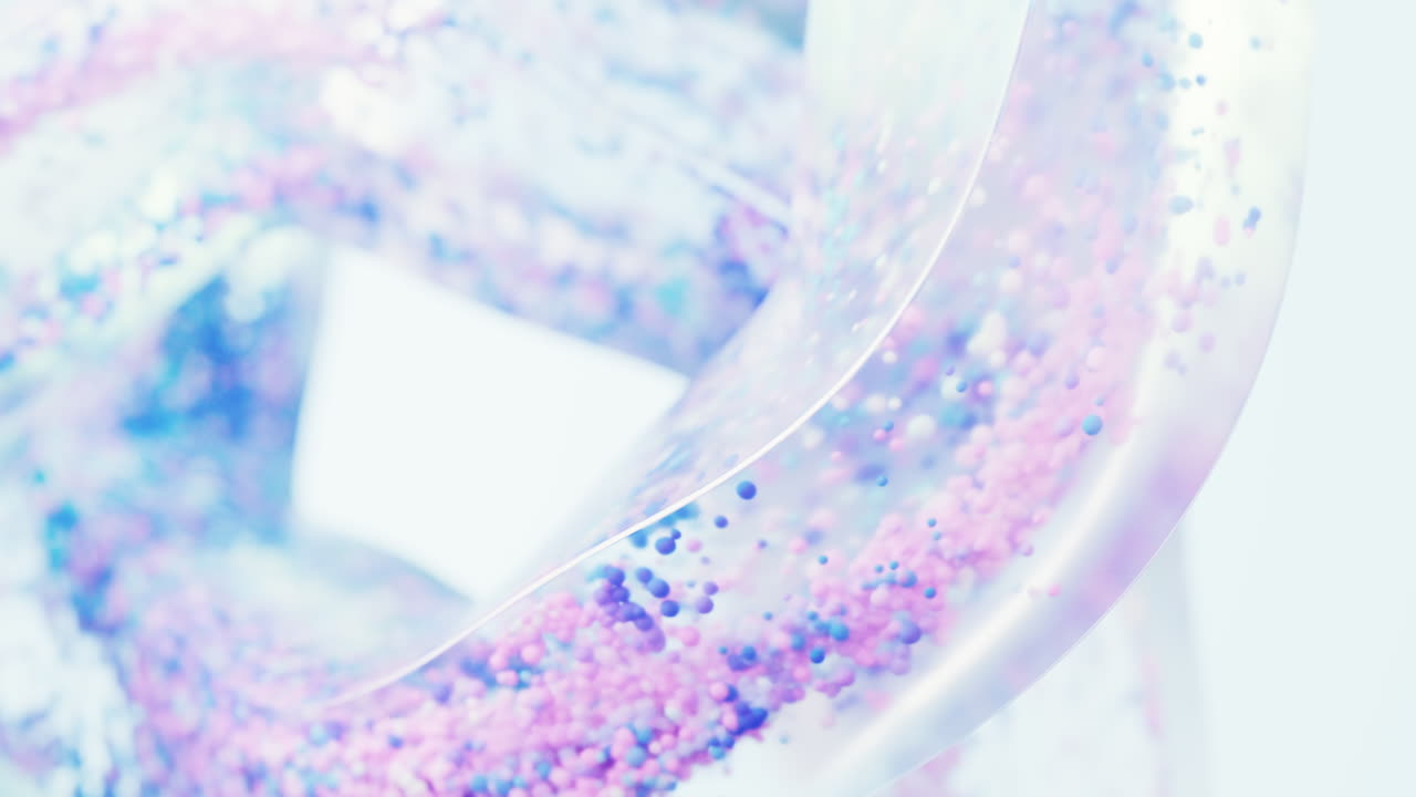 Flowing purple particles in glass geometry, 3d rendering.