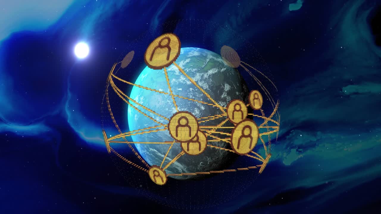 Animação de ícones digitais de redes sociais processando sobre o globo