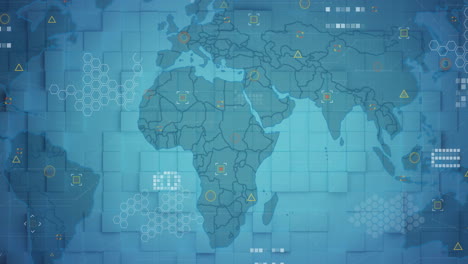 Mapa-Del-Mundo-Con-Puntos-De-Datos-Y-Patrones-Hexagonales,-Animación-De-Análisis-De-Datos