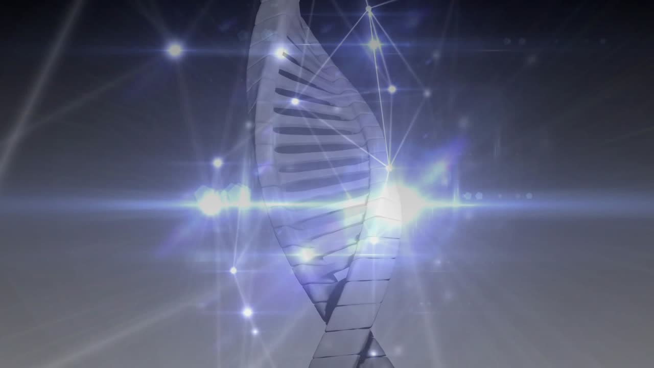 Double helix rotating, mid flare expanding spurring pulsing network linking helix, showing bio data