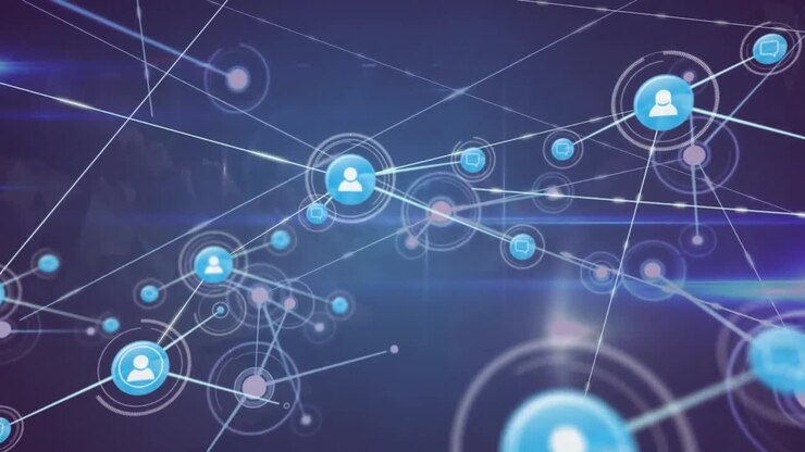 Animation of network of profile icons against metaverse structures and blue light trails