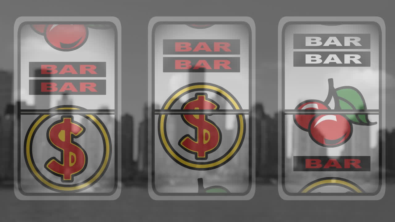 카지노 과일 기계의 애니메이션이 빠르게 회전합니다.