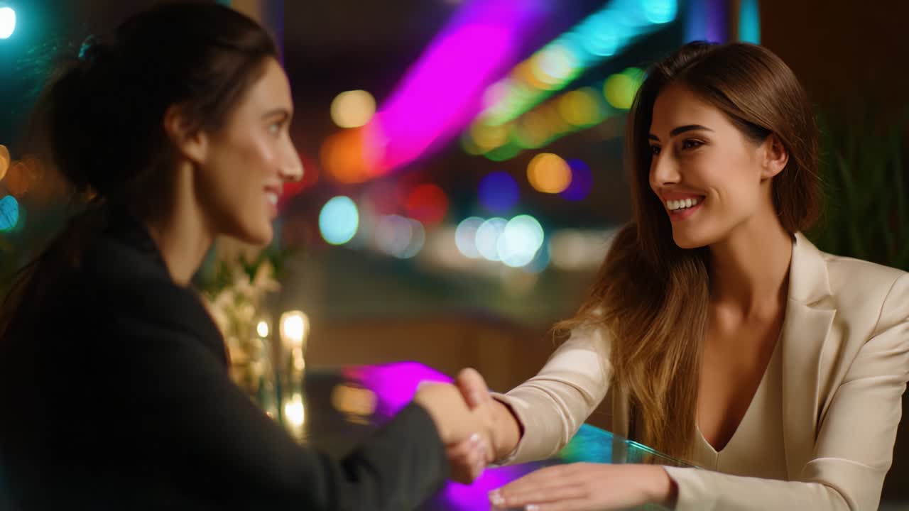 Two Women Engaging in a Friendly Meeting Over Coffee, Sharing Smiles and Handshakes Amidst a Vibrant Colorful Background Filled with Light and Cheerful Ambiance, Representing Connection and Professionalism