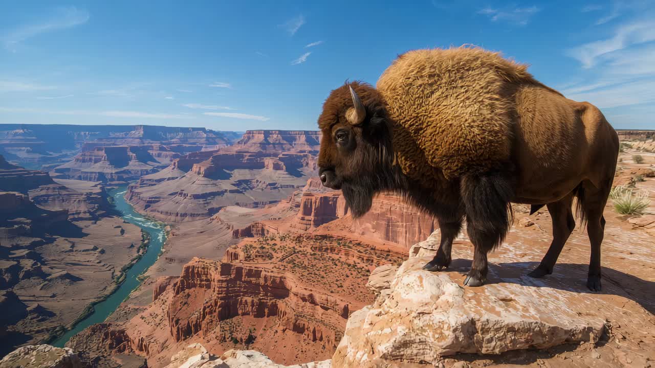 Camera tightening bull bison raising head, stepping toward canyon rim, surveying river, copy space