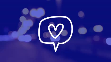 animation of heart icon over cityscape at night on blue background