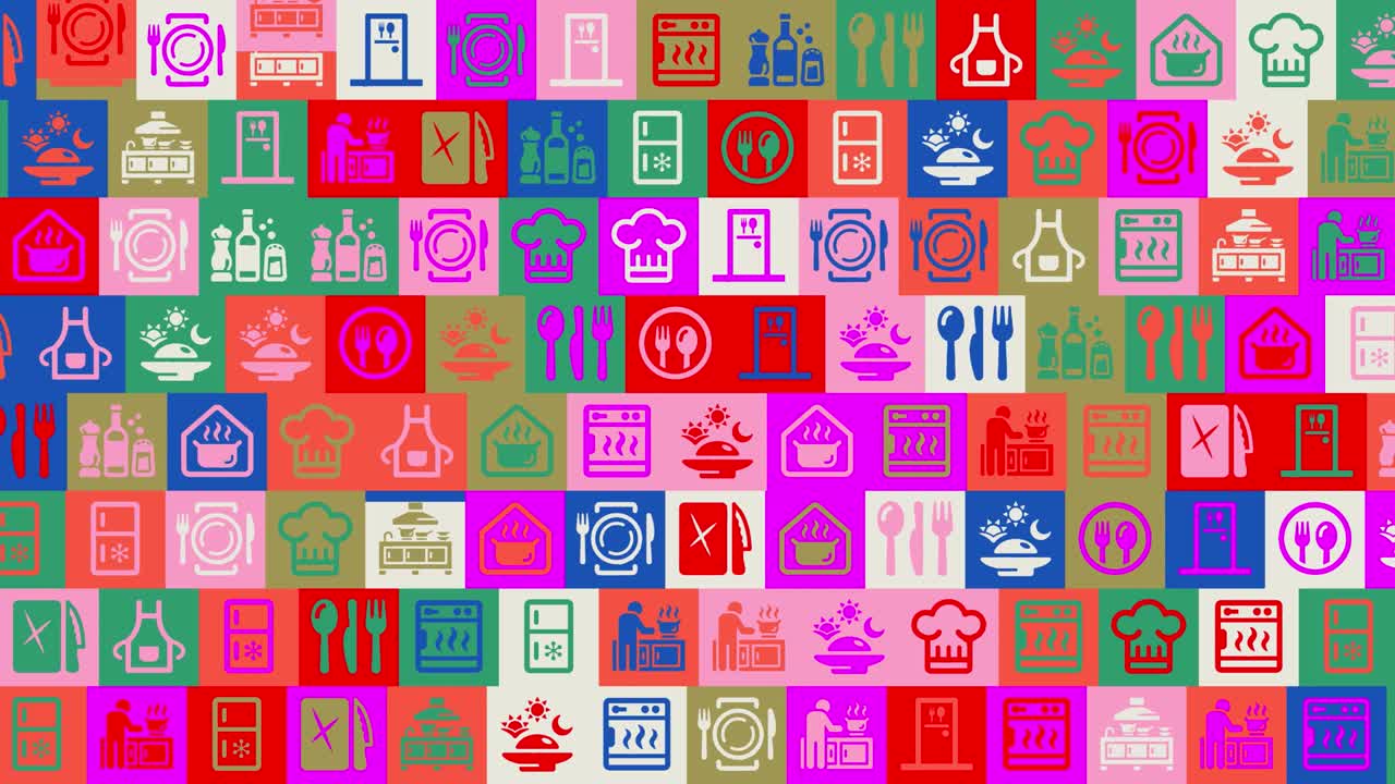 국제 요리사 날: 배경, 원활한 패턴, 루프 모자이크 애니메이션, 다채로운, 박이는 아이콘, 로고 또는 일러스트레이션으로 된 배경