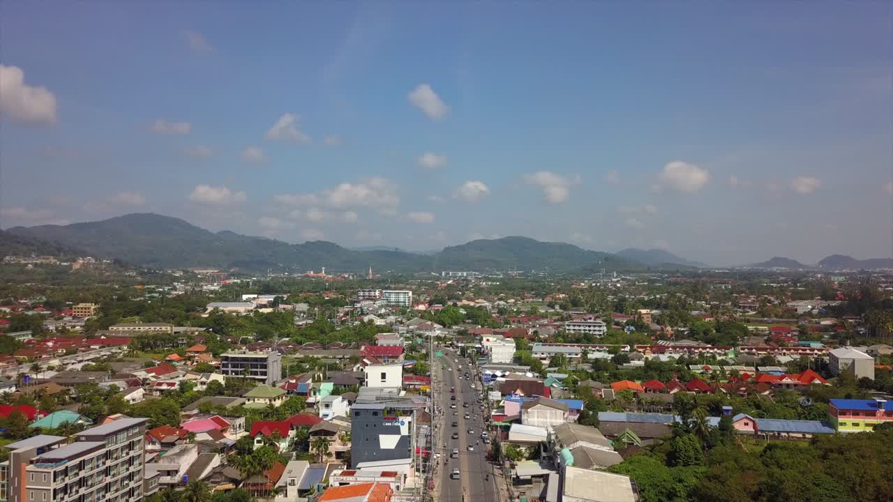 sunny day phuket island town traffic street road aerial panorama 4k thailand