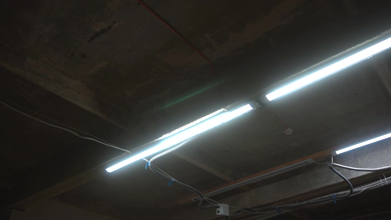 Upward off center view of illuminated fluorescent tube lights mounted on unfinished concrete ceiling, showing exposed electrical conduits, flexible ribbed tubing, cable ties, junction box, stains
