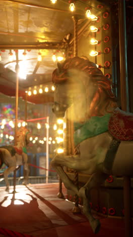 a carousel horse under golden lights