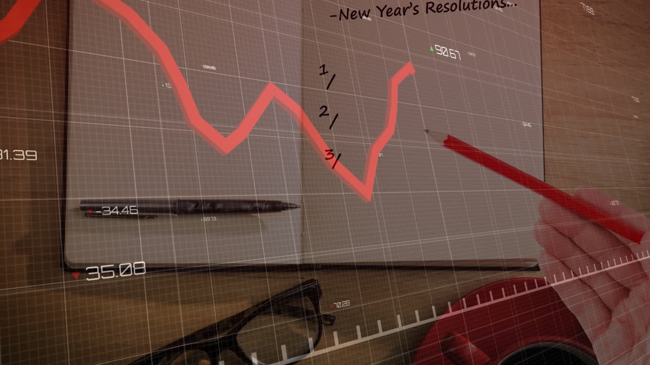 Hand holding red pencil entering as red chart animating and drawing line on notebook showing trends