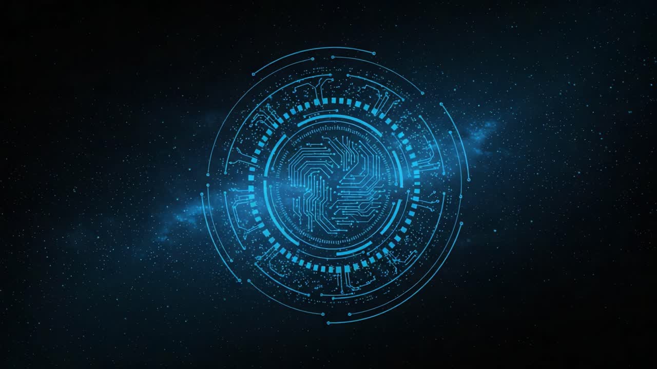 Futuristic Technology Interface Abstract with Sci-Fi Elements: Circuit Patterns Surrounded by Cosmic Background and Glowing Blue Light