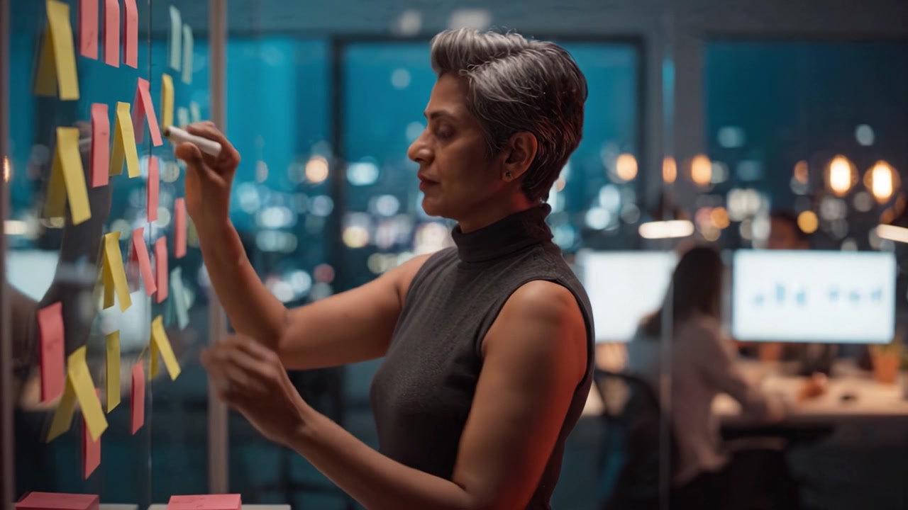 Focused Professional Organizing Ideas with Colorful Post-it Notes in an Urban Office Environment Amidst Modern Technology and Creative Collaboration