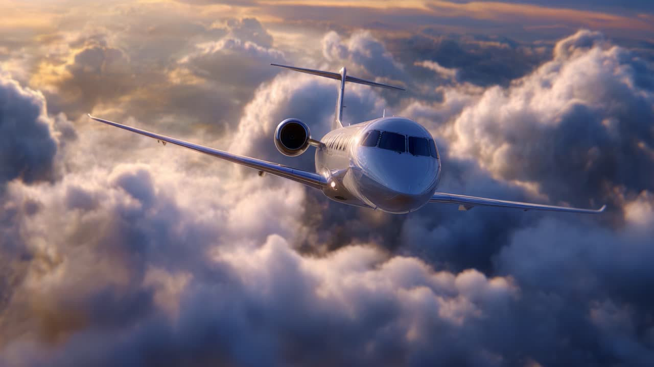 Un avion élégant planant gracieusement au-dessus de nuages majestueux au coucher du soleil, mettant en valeur la beauté du vol et les possibilités infinies de voyager dans les airs.