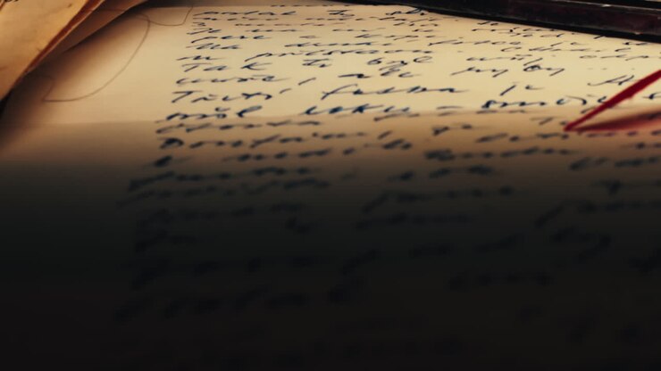Lettere manoscritte a inchiostro impilate su un tavolo in una luce calda, carrellata verso l'alto