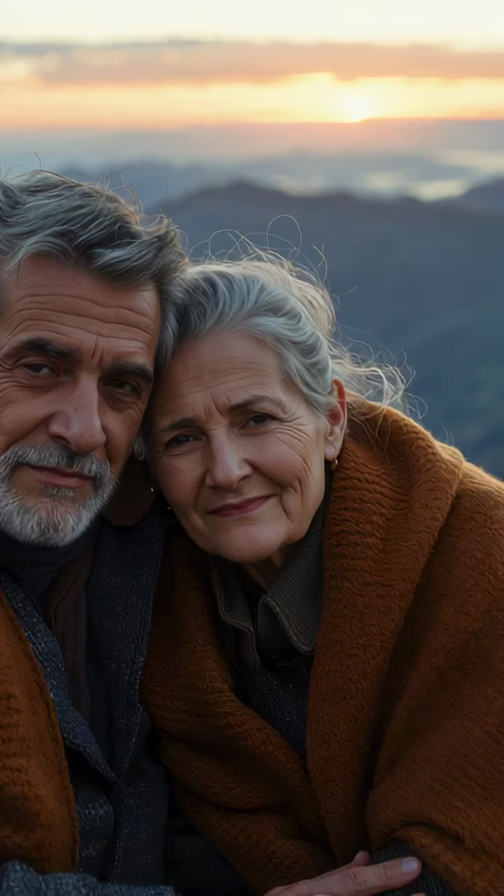 Vertical video: Leaning senior couple drawing near at mountaintop sun sinking sharing brown blanket