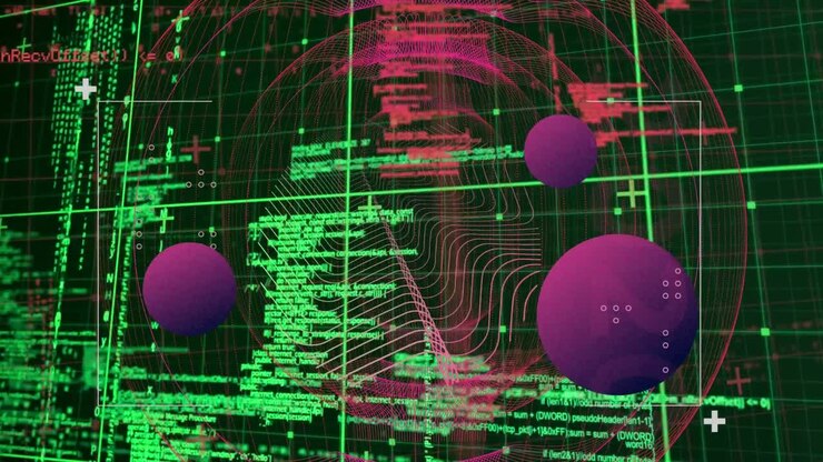 Animation of data processing and geometrical shapes over dark background