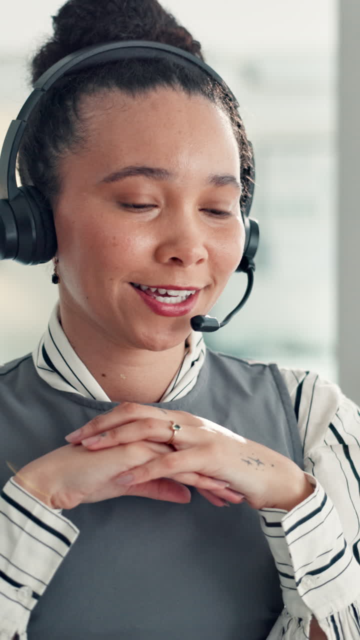 Smiling Woman Wearing Headset and Speaking in Call Center