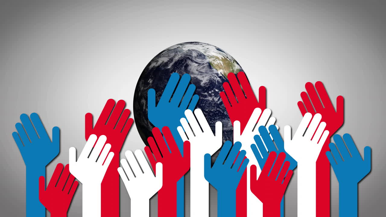Reaching towards Earth, colorful hands symbolizing global unity in animation