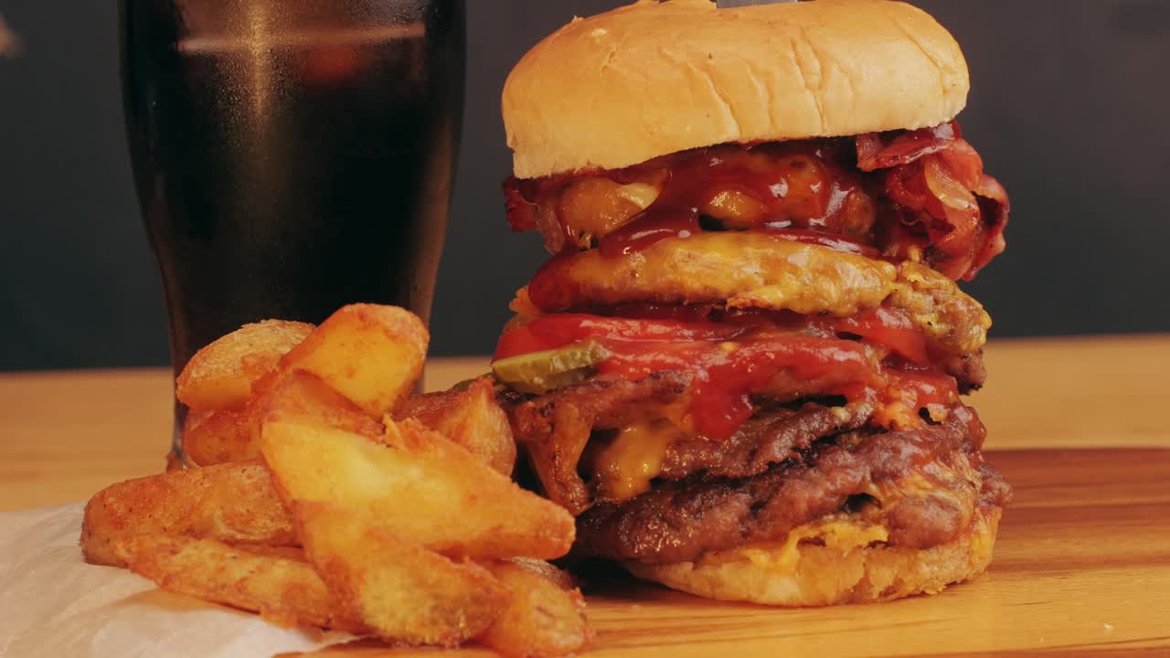 American fat smash burger with bacon slices and cheese on grill and country potatoes, with fresh ice coke close-up . Beef or pork cutlet smashing by burger press. The chef in kitchen of the restaurant making cutlets for burgers - smash burger beefsteak. Fast and street food concept.