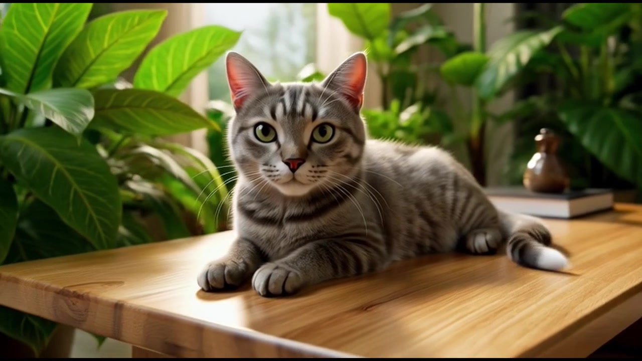 Kucing Tabby Abu-abu Beristirahat di Meja Kayu Dikelilingi Tanaman Hias