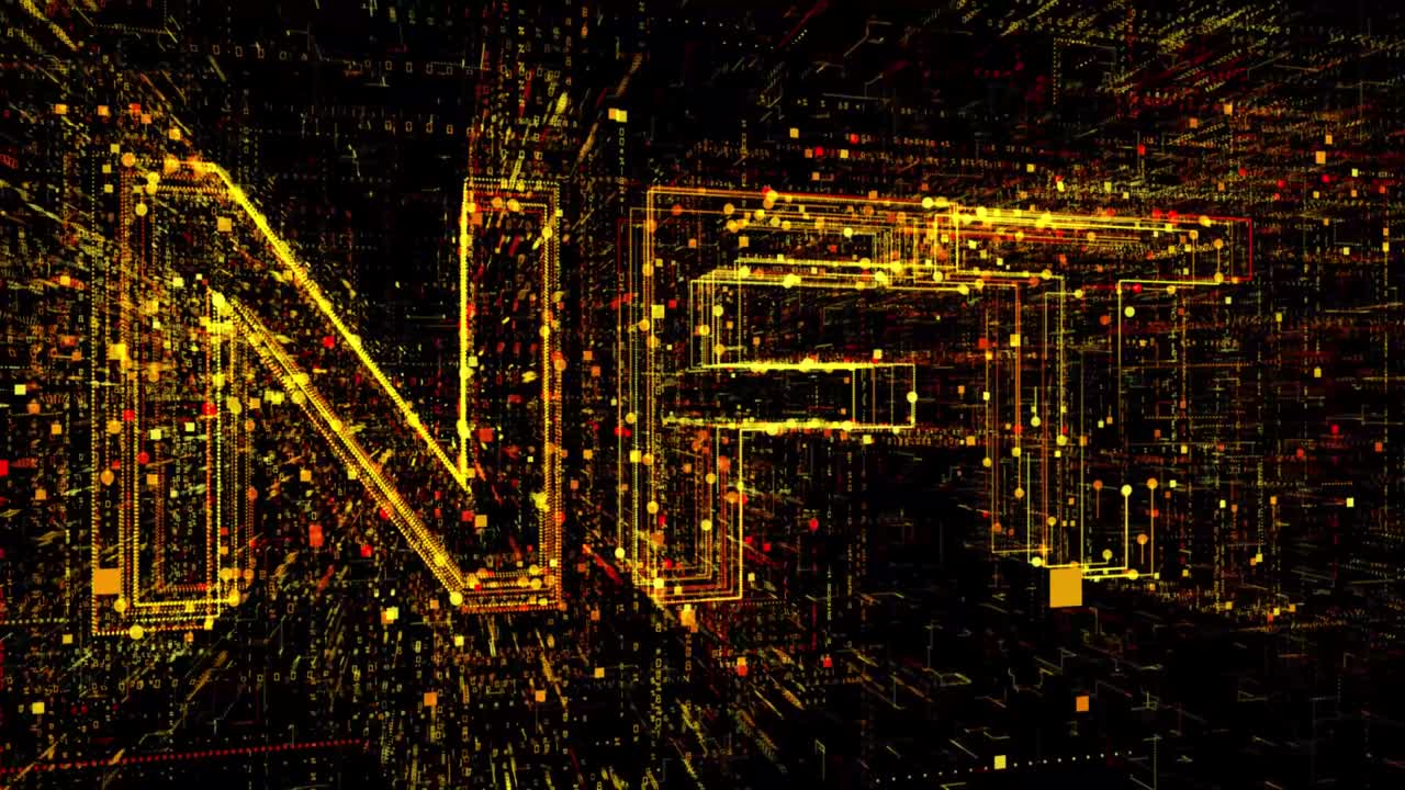 NFT Inscription Made Of Golden Binary Code Particles Animation. Future Network Technology. NFT Metaverse Concept. 4K