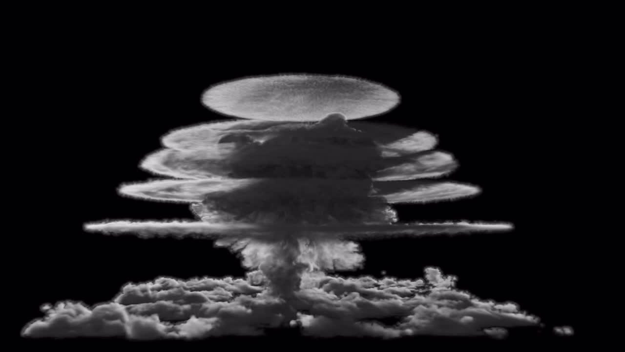 Massive nuclear explosion over clouds on transparent background