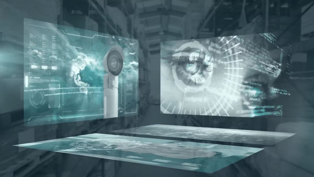 창고 위의 화면과 보안 카메라에 있는 데이터의 애니메이션